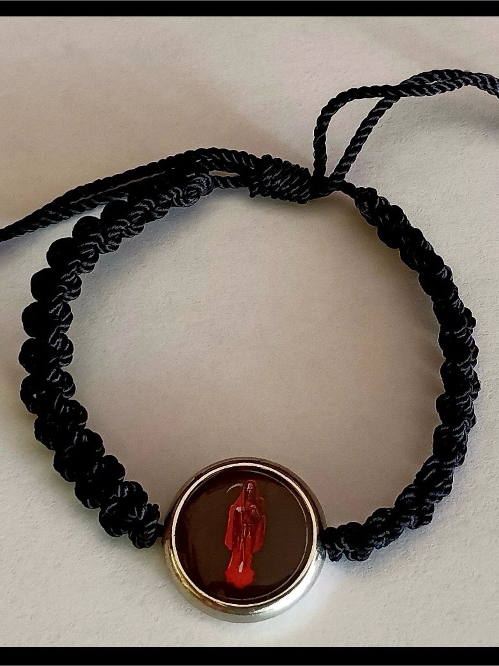 Black Cord Bracelet with Red Santa Muerte Charm